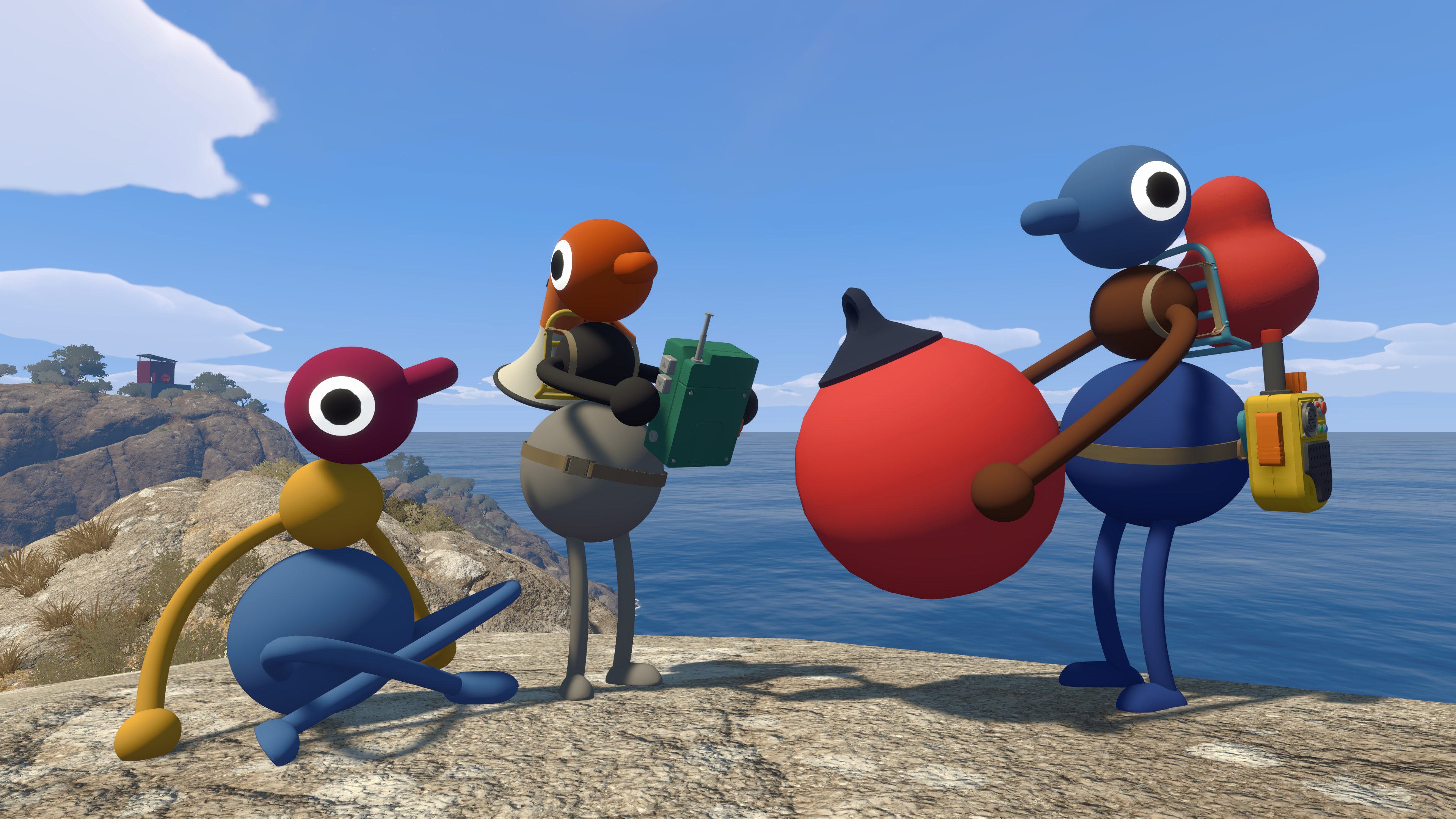 Big Walk characters gathered on a rocky coastal overlook