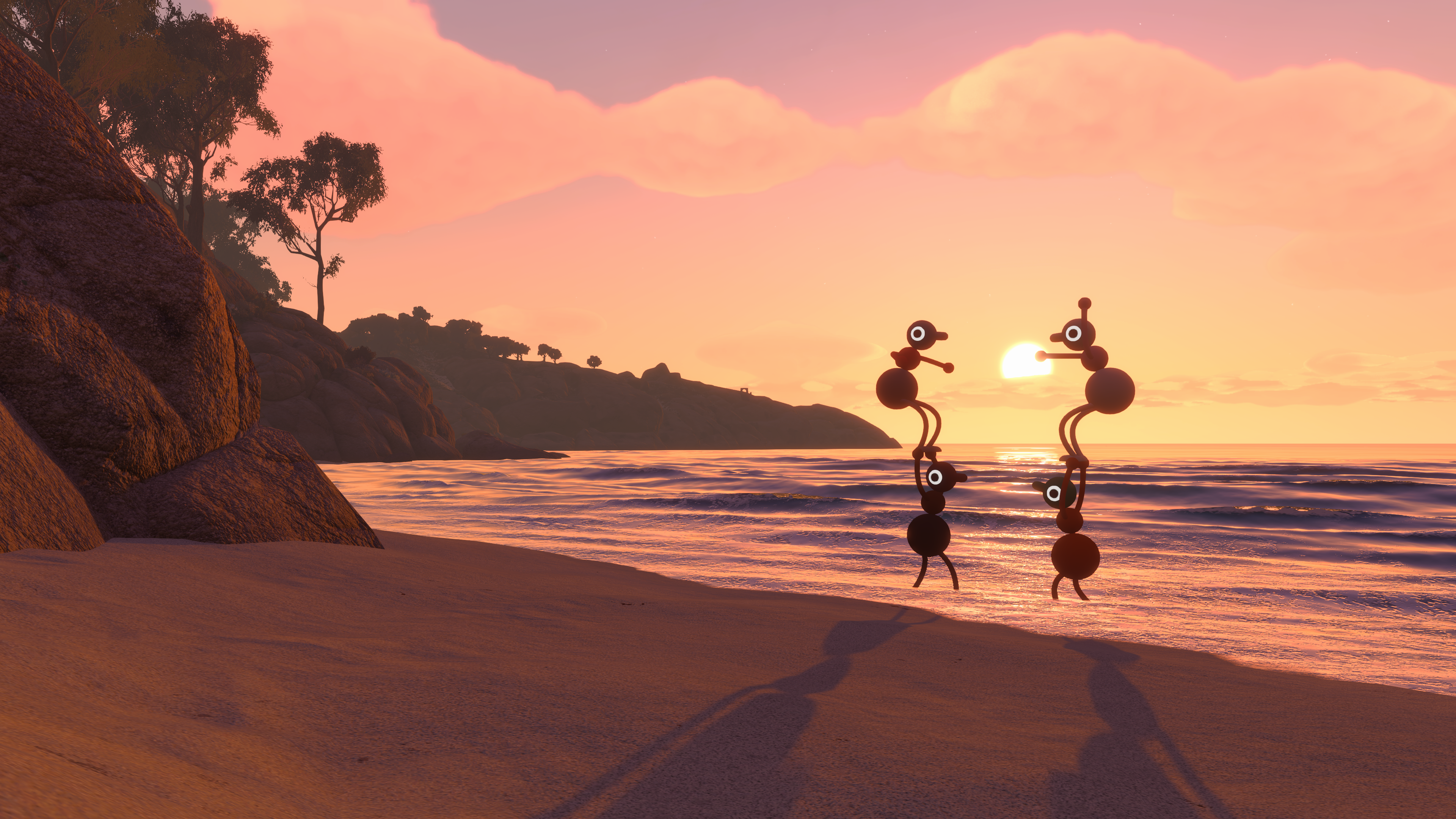 Four Big Walk characters balancing together on a beach at sunset